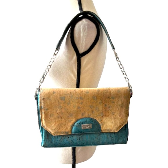 Cork Shoulder Handbag Natural Turquoise Flap Double Magnetic Close Hook - Picture 1 of 12